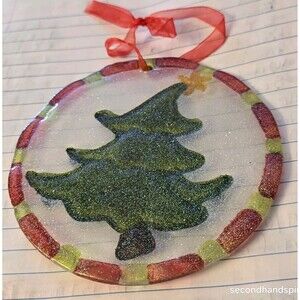Christmas Tree Ornament Round Glass Fused With Glass Beads.